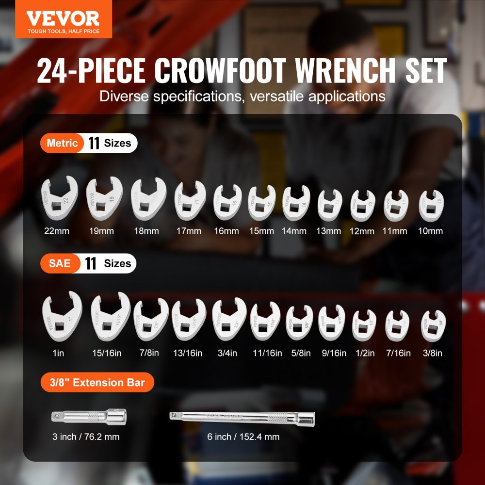VEVOR 3/8" Drive Crowfoot Wrench Set with 2 Extension Bars, 24-Piece Crows Foot Wrench Set, SAE 3/8"-1" and Metric