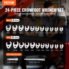VEVOR 3/8" Drive Crowfoot Wrench Set with 2 Extension Bars, 24-Piece Crows Foot Wrench Set, SAE 3/8"-1" and Metric