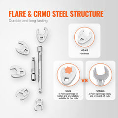 VEVOR 3/8" Drive Crowfoot Wrench Set with 2 Extension Bars, 24-Piece Crows Foot Wrench Set, SAE 3/8"-1" and Metric