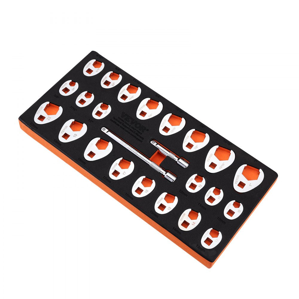VEVOR 3/8" Drive Crowfoot Wrench Set with 2 Extension Bars, 24-Piece Crows Foot Wrench Set, SAE 3/8"-1" and Metric