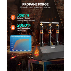 VEVOR Portable Propane Forge, 3 Burners, 2600℉ Tool and Knife Making Blacksmithing Farrier Forge, Large Capacity