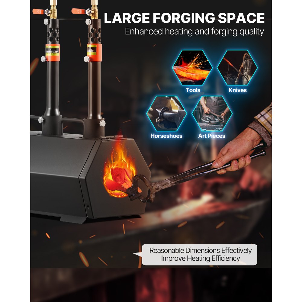 VEVOR Portable Propane Forge, 3 Burners, 2600℉ Tool and Knife Making Blacksmithing Farrier Forge, Large Capacity