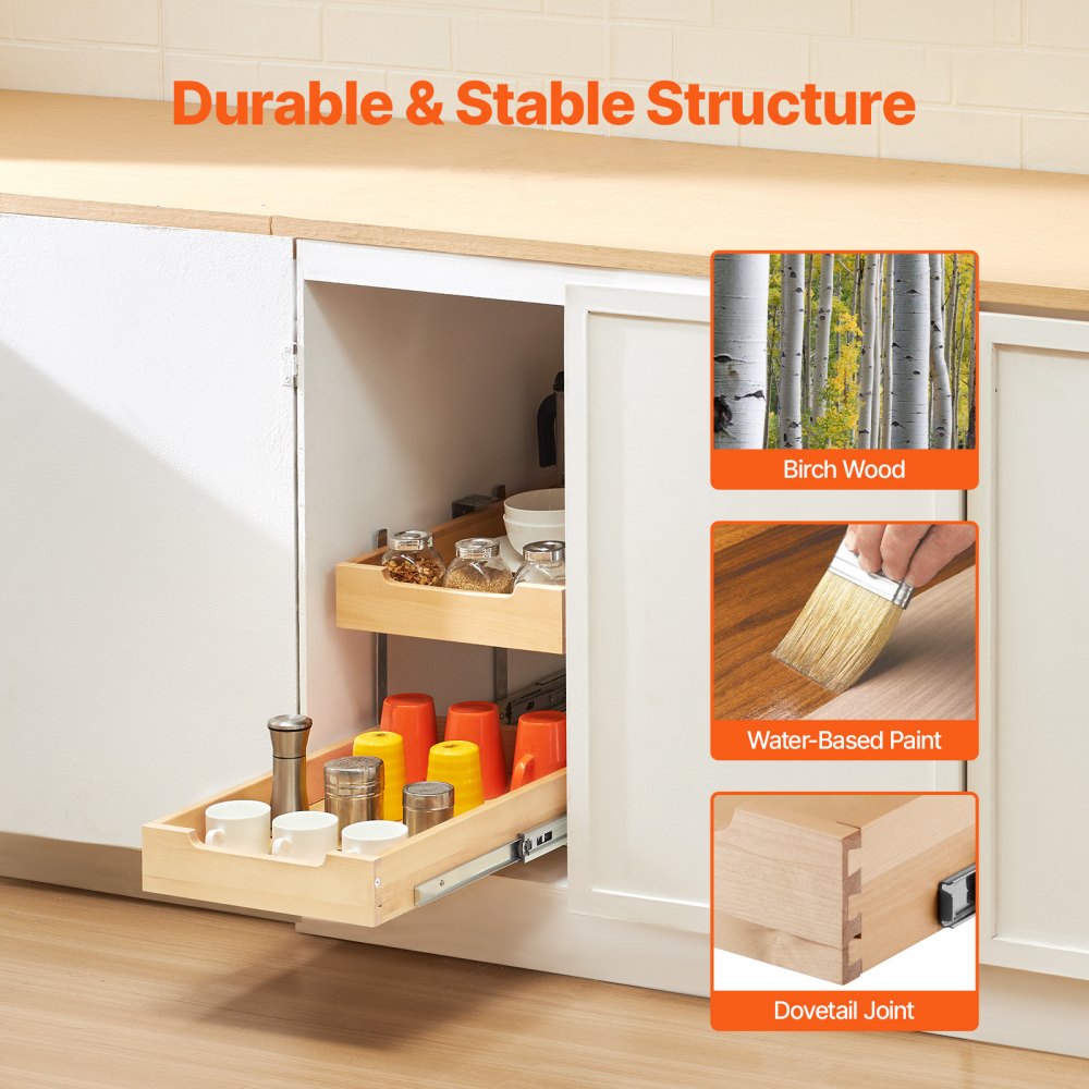 VEVOR 2 Tier Pull Out Cabinet Organizer, 14"W x 21"D Cabinet Drawer, Soft Close Slide out Shelf, Heavy-Duty Sliding