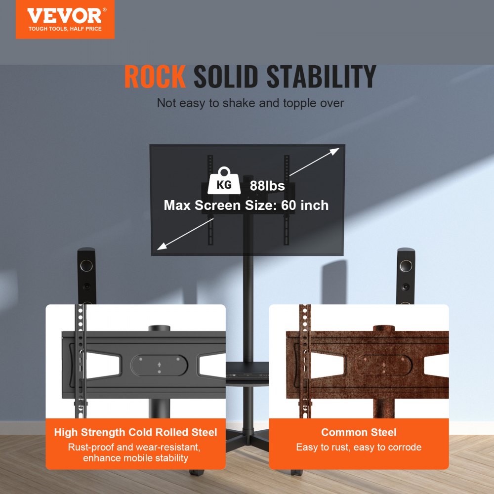 VEVOR Mobile TV Stand, Mobile TV Cart for 23 to 60 inch TVs, Height Adjustable Portable TV Stand with Wheels, with A