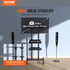 VEVOR Mobile TV Stand, Mobile TV Cart for 32 to 70 inch TVs, Height Adjustable Portable TV Stand with Wheels, Double