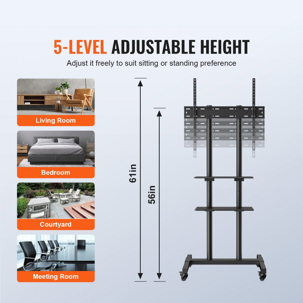VEVOR Mobile TV Stand, Mobile TV Cart for 32 to 70 inch TVs, Height Adjustable Portable TV Stand with Wheels, Double