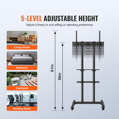 VEVOR Mobile TV Stand, Mobile TV Cart for 32 to 70 inch TVs, Height Adjustable Portable TV Stand with Wheels, Double