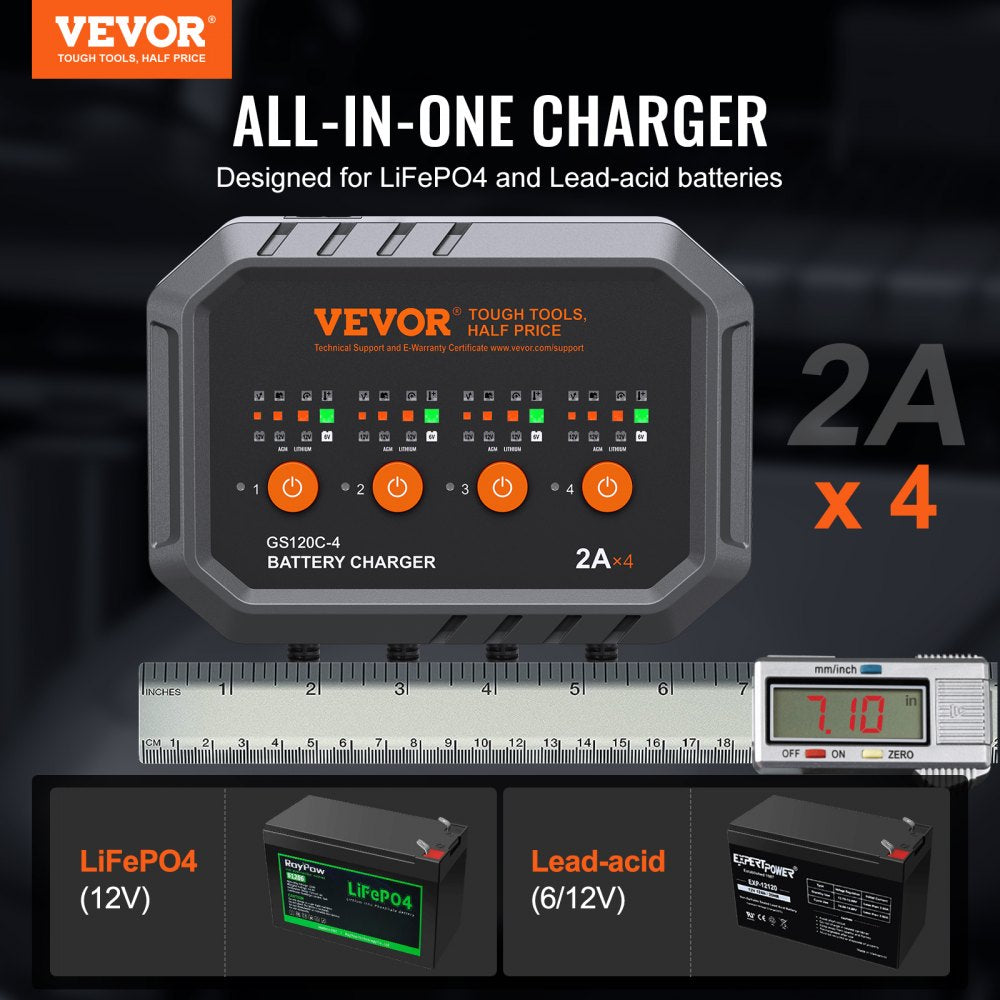 VEVOR 4-Bank Smart Battery Charger, 8A Total, 2A per Bank, for 6V/12V LiFePO4 and Lead-Acid AGM/Gel/SLA Batteries up to