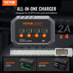 VEVOR 4-Bank Smart Battery Charger, 8A Total, 2A per Bank, for 6V/12V LiFePO4 and Lead-Acid AGM/Gel/SLA Batteries up to