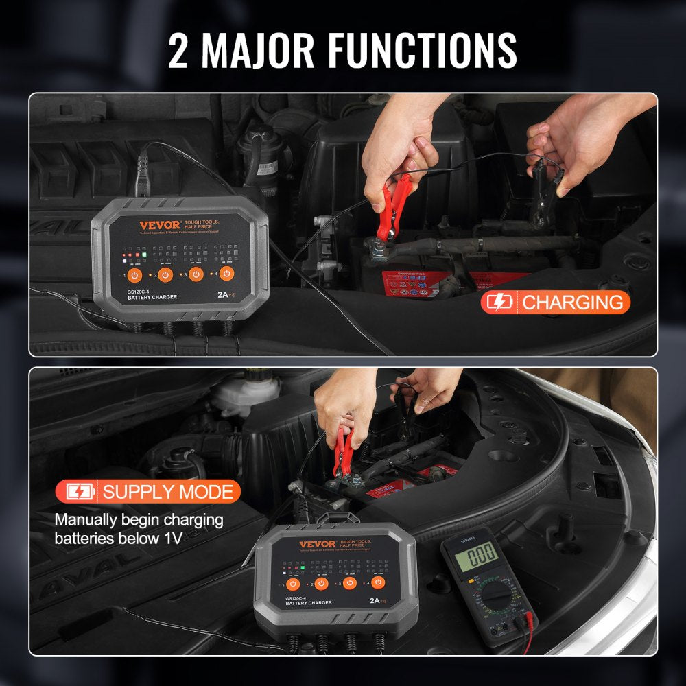 VEVOR 4-Bank Smart Battery Charger, 8A Total, 2A per Bank, for 6V/12V LiFePO4 and Lead-Acid AGM/Gel/SLA Batteries up to