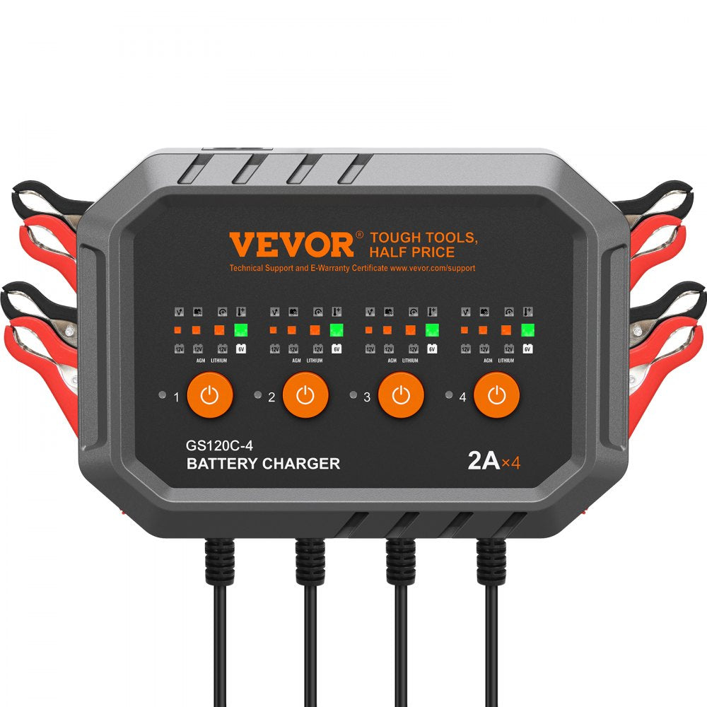 VEVOR 4-Bank Smart Battery Charger, 8A Total, 2A per Bank, for 6V/12V LiFePO4 and Lead-Acid AGM/Gel/SLA Batteries up to