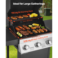 VEVOR Gas Grill, 3 Burner Propane Gas Grill with Spacious 338 SQ.In Grilling Area, Carbon Steel Enamel Grates, Outdoor