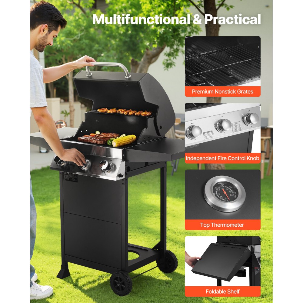 VEVOR Gas Grill, 3 Burner Propane Gas Grill with Spacious 338 SQ.In Grilling Area, Carbon Steel Enamel Grates, Outdoor