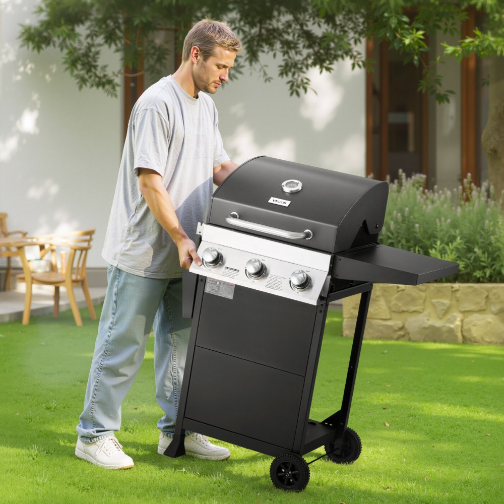 VEVOR Gas Grill, 3 Burner Propane Gas Grill with Spacious 338 SQ.In Grilling Area, Carbon Steel Enamel Grates, Outdoor