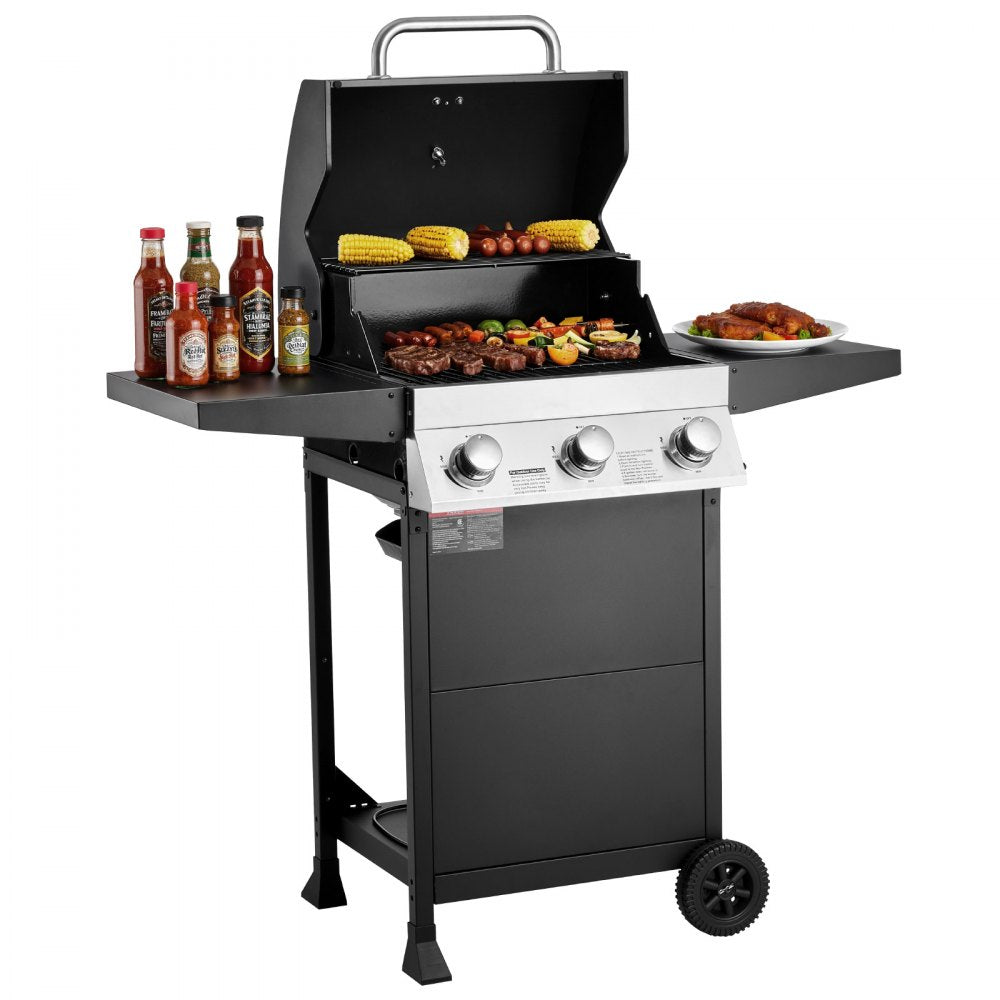 VEVOR Gas Grill, 3 Burner Propane Gas Grill with Spacious 338 SQ.In Grilling Area, Carbon Steel Enamel Grates, Outdoor