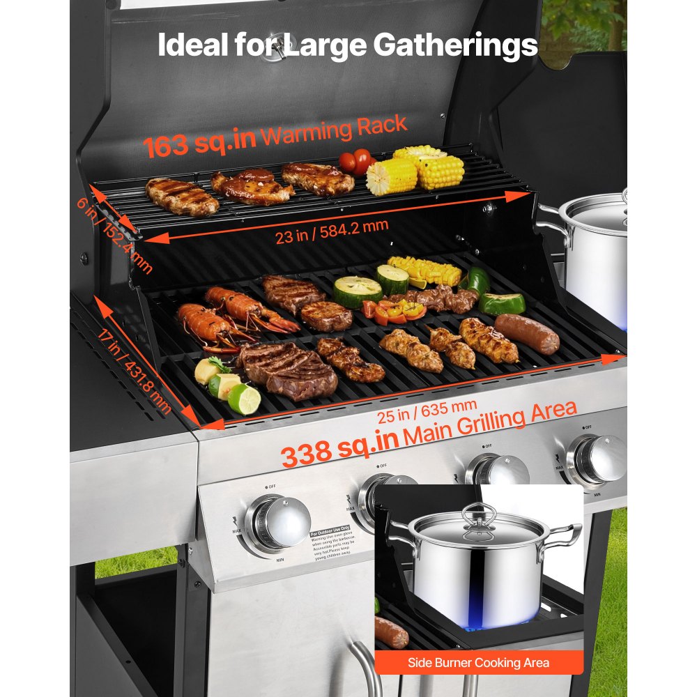 VEVOR Gas Grill, 4 Burner Propane Gas Grill with Side Burner, 425 SQ.In Grilling Area, Carbon Steel Enamel Grates