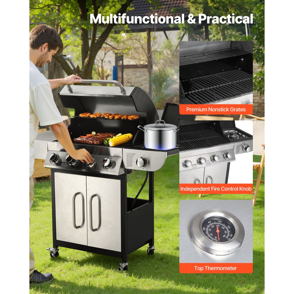 VEVOR Gas Grill, 4 Burner Propane Gas Grill with Side Burner, 425 SQ.In Grilling Area, Carbon Steel Enamel Grates