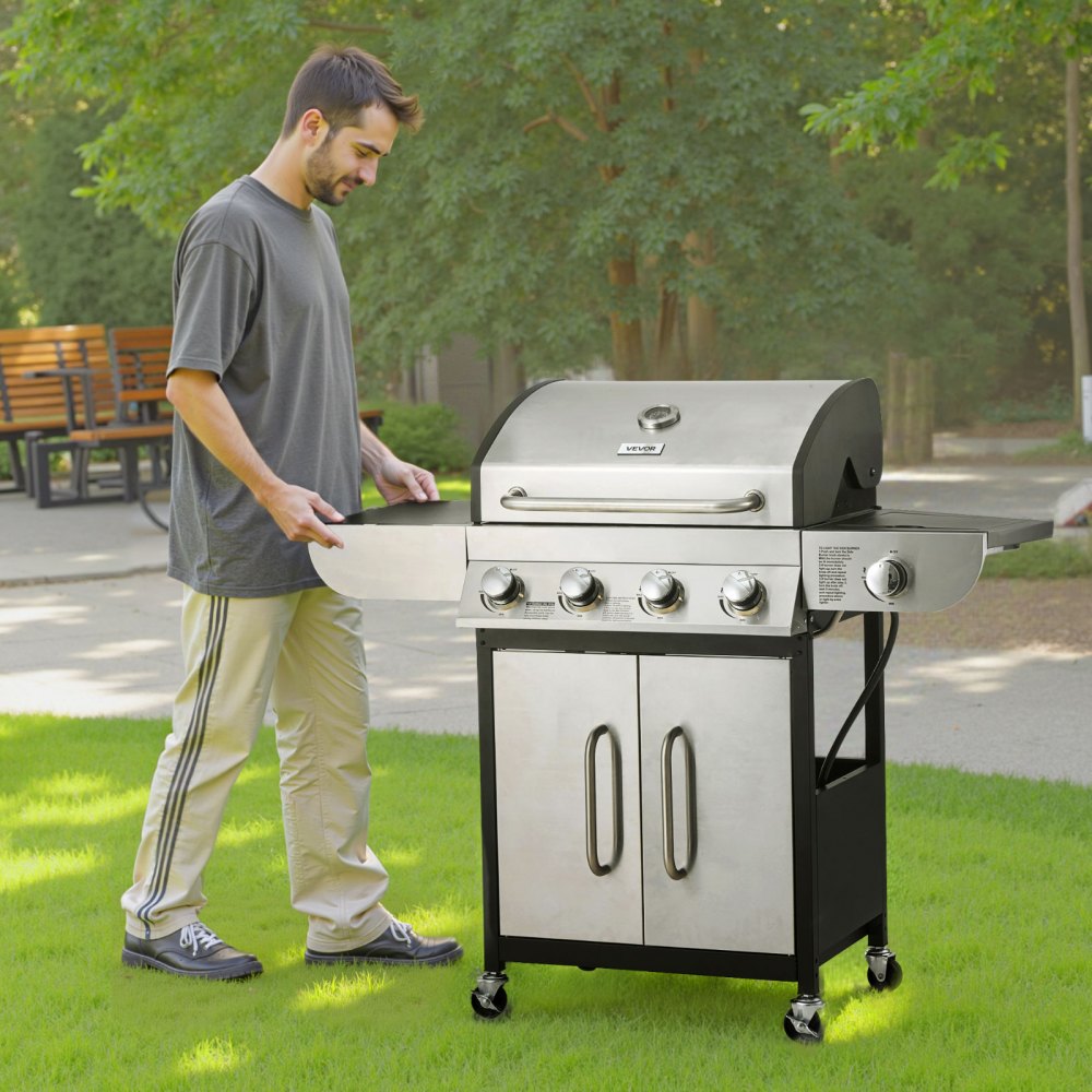 VEVOR Gas Grill, 4 Burner Propane Gas Grill with Side Burner, 425 SQ.In Grilling Area, Carbon Steel Enamel Grates
