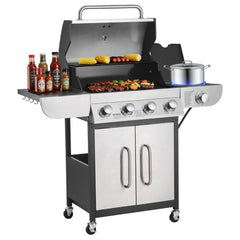 VEVOR Gas Grill, 4 Burner Propane Gas Grill with Side Burner, 425 SQ.In Grilling Area, Carbon Steel Enamel Grates