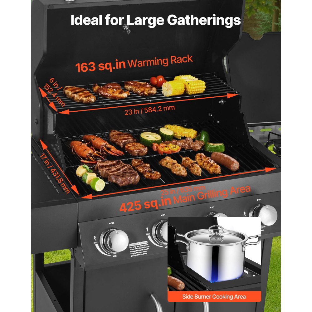 VEVOR Gas Grill, 4 Burner Propane Gas Grill with Side Burner, 425 SQ.In Grilling Area, Carbon Steel Enamel Grates