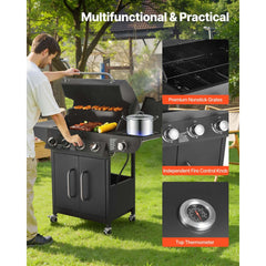 VEVOR Gas Grill, 4 Burner Propane Gas Grill with Side Burner, 425 SQ.In Grilling Area, Carbon Steel Enamel Grates