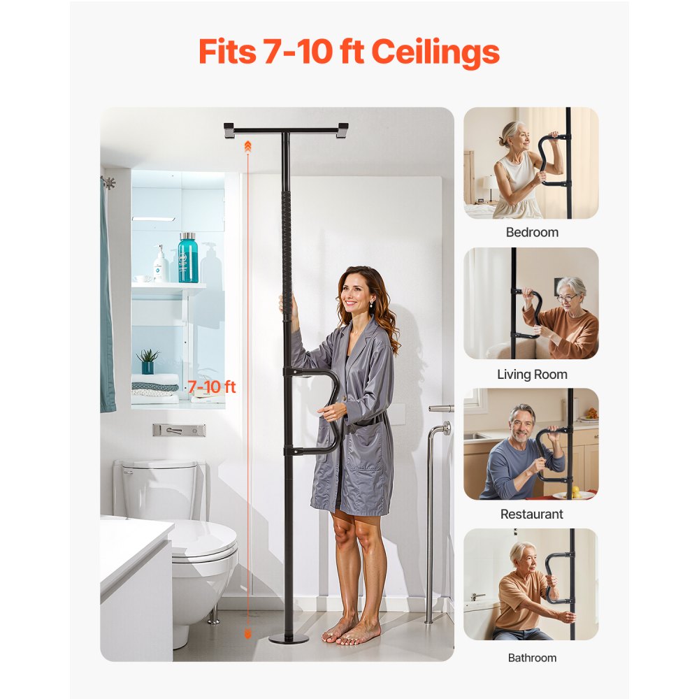 VEVOR Floor-to-Ceiling Transfer Pole, Tension Mounted Bathroom Grab Bar with Anti-Slip Curve Handle, 300 Lbs Capacity