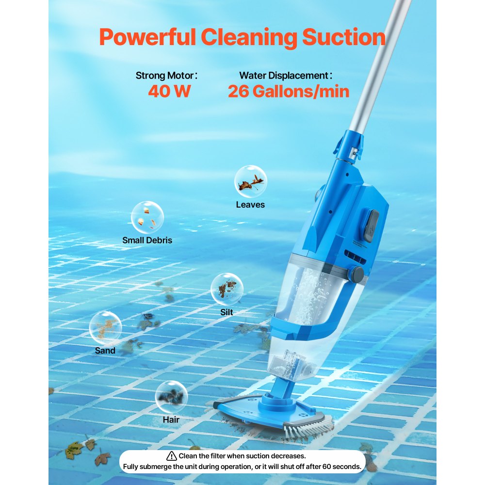 VEVOR Pool Vacuum, 26 GPM Handheld Cordless Hot Tub Vacuum with Extension Pole, for Deep Cleaning & Strong Suction
