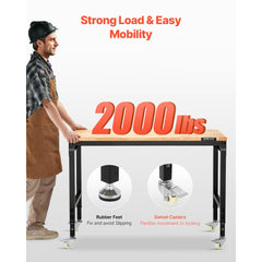 VEVOR 48-Inch Adjustable Workbench, 2000 lbs Load, Work Bench with Power Outlet, Wheels, and Pegboard, Heavy Duty Oak