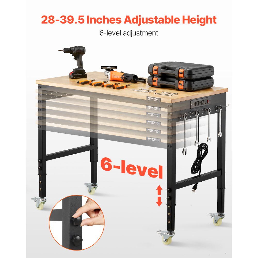 VEVOR 48-Inch Adjustable Workbench, 2000 lbs Load, Work Bench with Power Outlet, Wheels, and Pegboard, Heavy Duty Oak