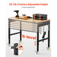 VEVOR 48-Inch Adjustable Workbench, 2000 lbs Load, Work Bench with Power Outlet, Wheels, and Pegboard, Heavy Duty Oak