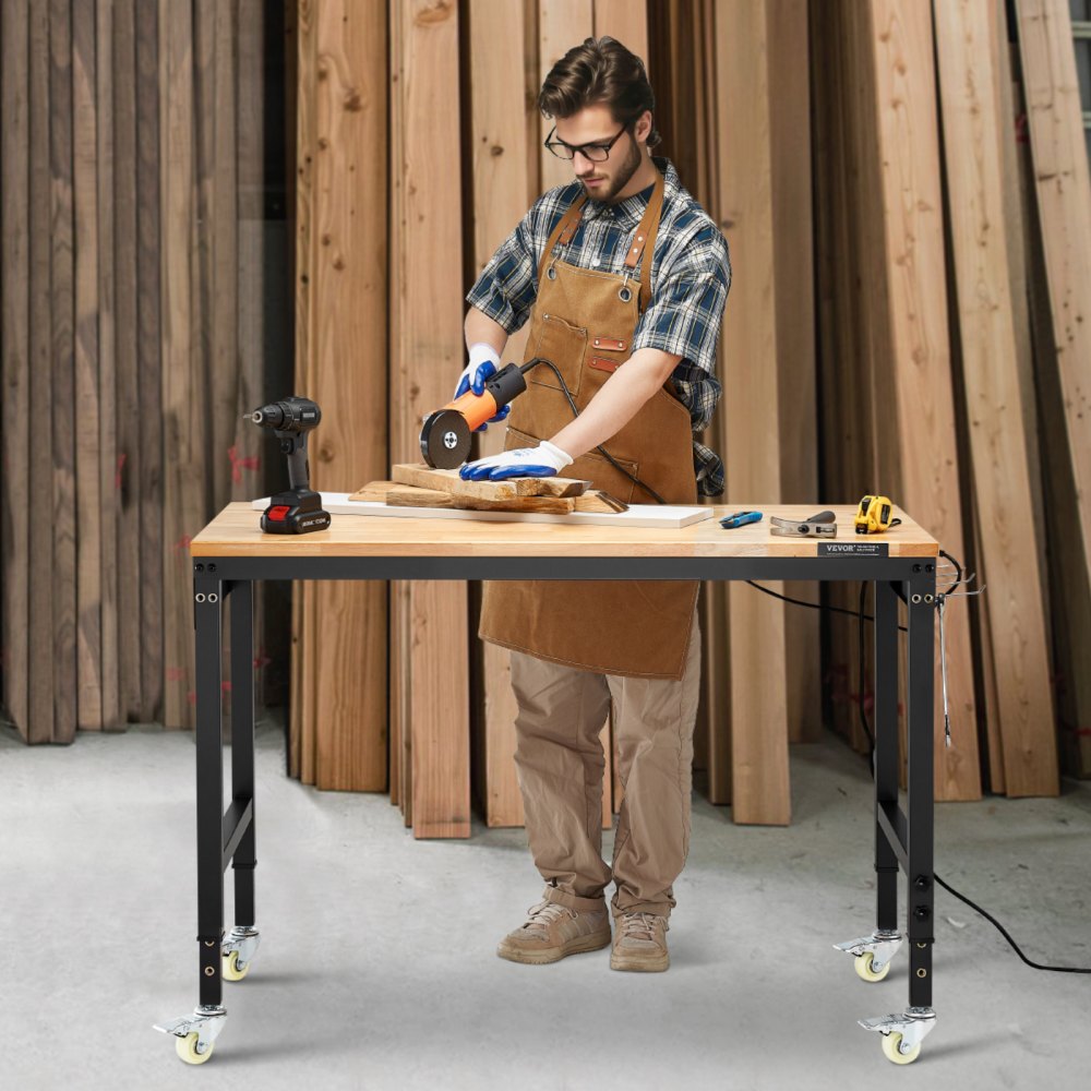 VEVOR 48-Inch Adjustable Workbench, 2000 lbs Load, Work Bench with Power Outlet, Wheels, and Pegboard, Heavy Duty Oak