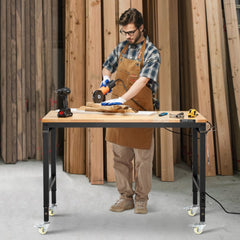 VEVOR 48-Inch Adjustable Workbench, 2000 lbs Load, Work Bench with Power Outlet, Wheels, and Pegboard, Heavy Duty Oak