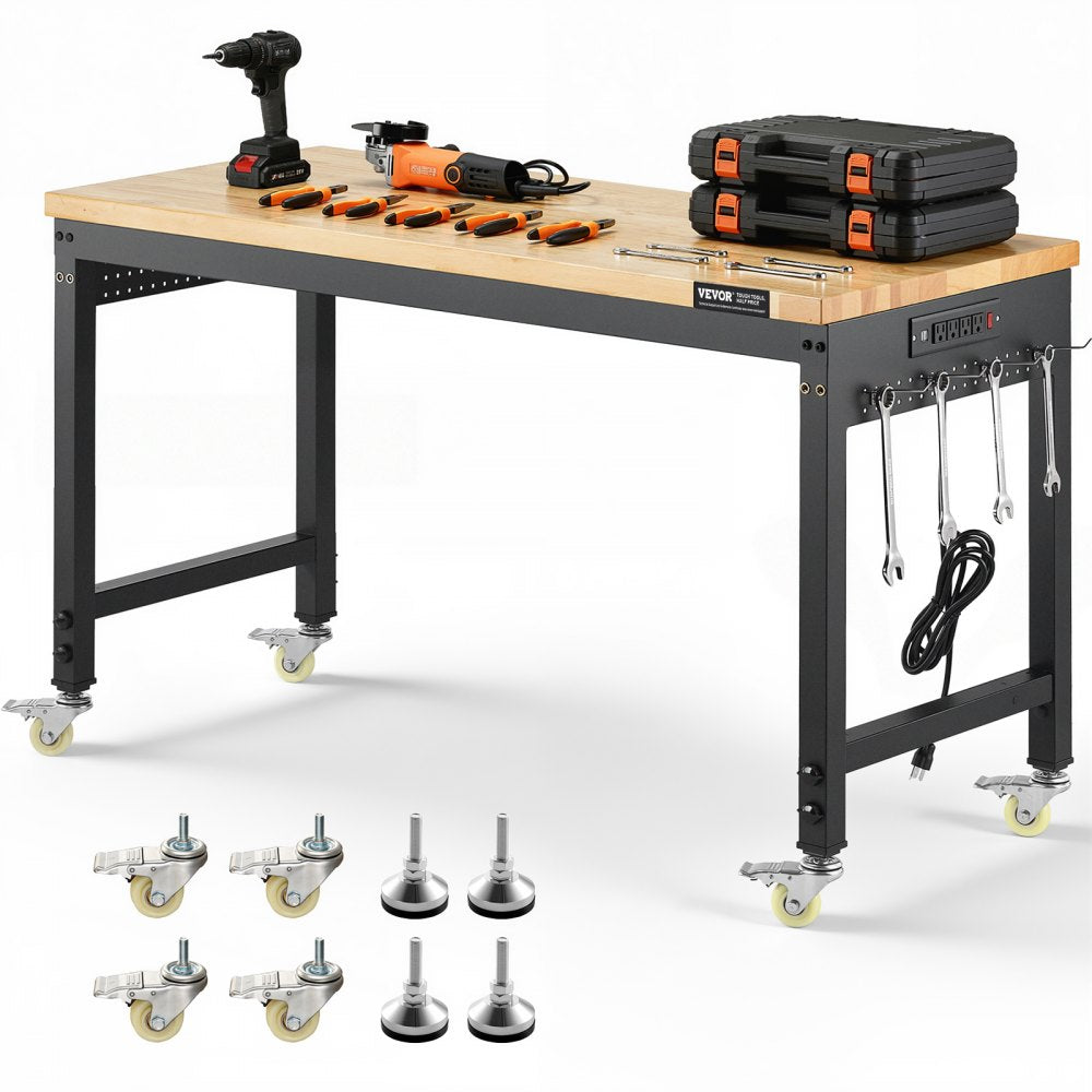 VEVOR 48-Inch Adjustable Workbench, 2000 lbs Load, Work Bench with Power Outlet, Wheels, and Pegboard, Heavy Duty Oak