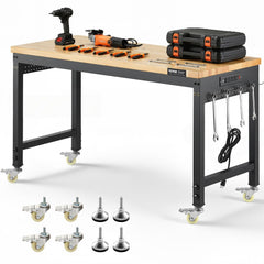 VEVOR 48-Inch Adjustable Workbench, 2000 lbs Load, Work Bench with Power Outlet, Wheels, and Pegboard, Heavy Duty Oak