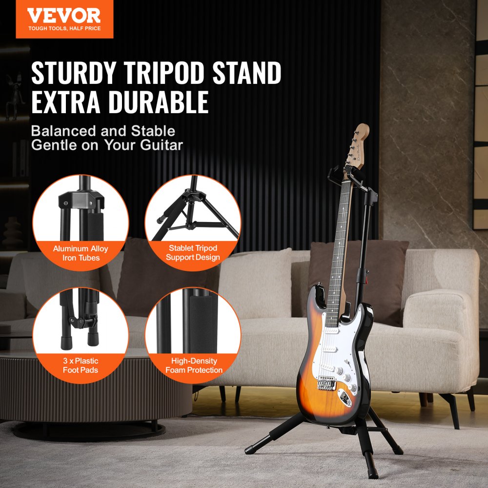 VEVOR Tripod Guitar Stand, 33 lbs/15 kg Load Capacity, Floor-Standing Foldable Guitar Stand Display Rack with 35.4-47.2