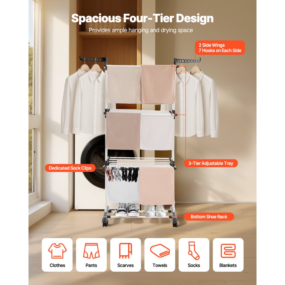 VEVOR Clothes Drying Rack, 4-Tier Foldable Laundry Dryer Rack, Metal Drying Racks with 24 Drying Rods, Free-Standing