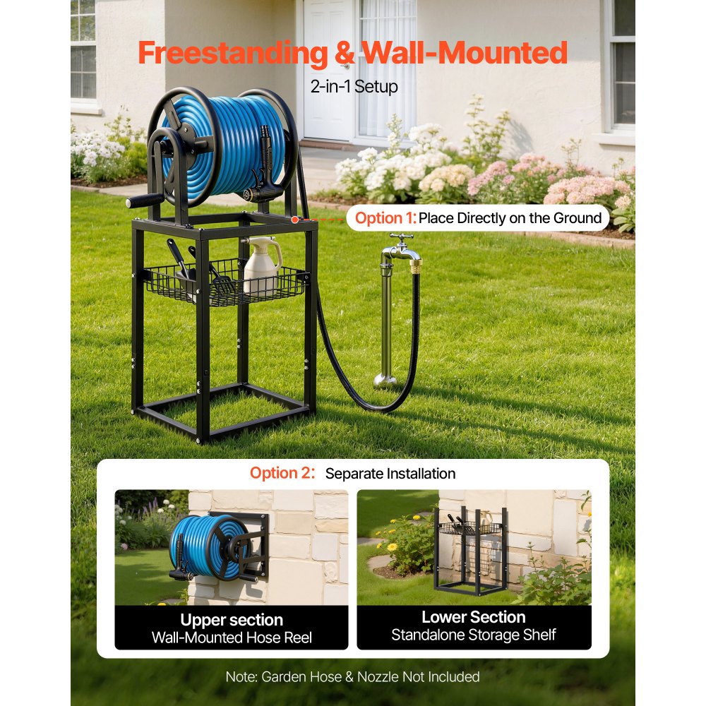 VEVOR Freestanding Garden Hose Reel, Holds 125 Feet of 5/8-inch Hose, Wall Mount or Ground Mount, Detachable Holder