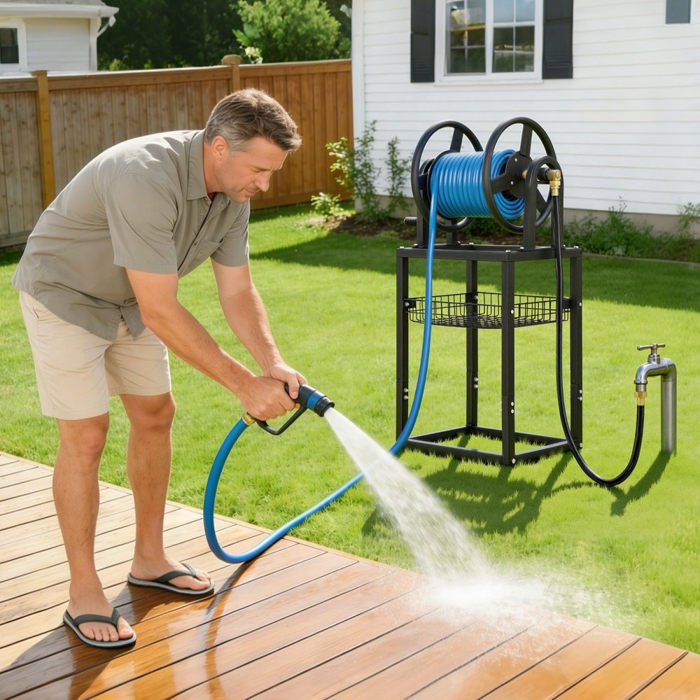 VEVOR Freestanding Garden Hose Reel, Holds 125 Feet of 5/8-inch Hose, Wall Mount or Ground Mount, Detachable Holder