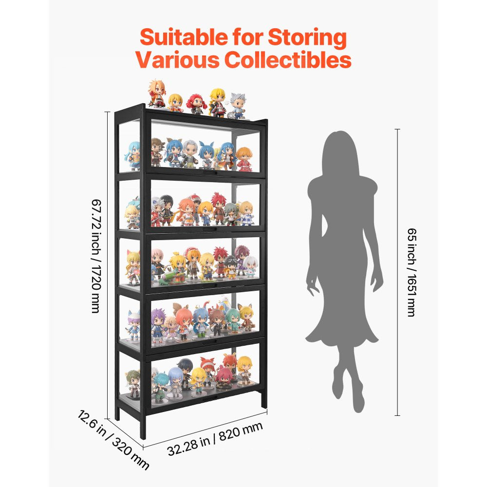 VEVOR Display Cabinet with Acrylic Doors, 68 in Tall 5-Tier Curio Cabinet, Natural Wooden Fame, Collectibles Toy