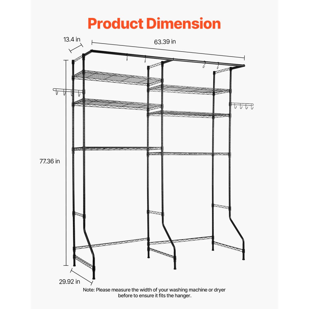 VEVOR Over Washer and Dryer Storage Shelves, 6 Tiers Laundry Room Drying Rack with Hanger Rod and Hooks, Two Rows