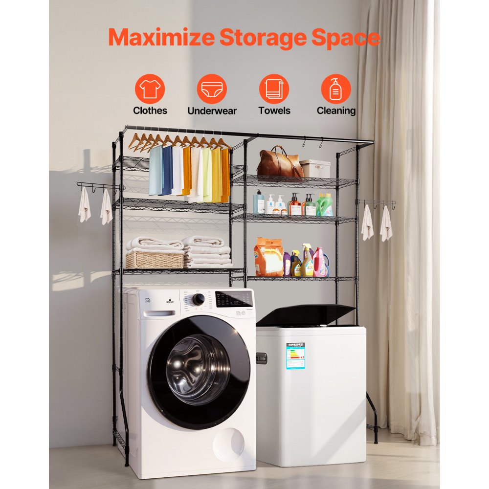 VEVOR Over Washer and Dryer Storage Shelves, 6 Tiers Laundry Room Drying Rack with Hanger Rod and Hooks, Two Rows