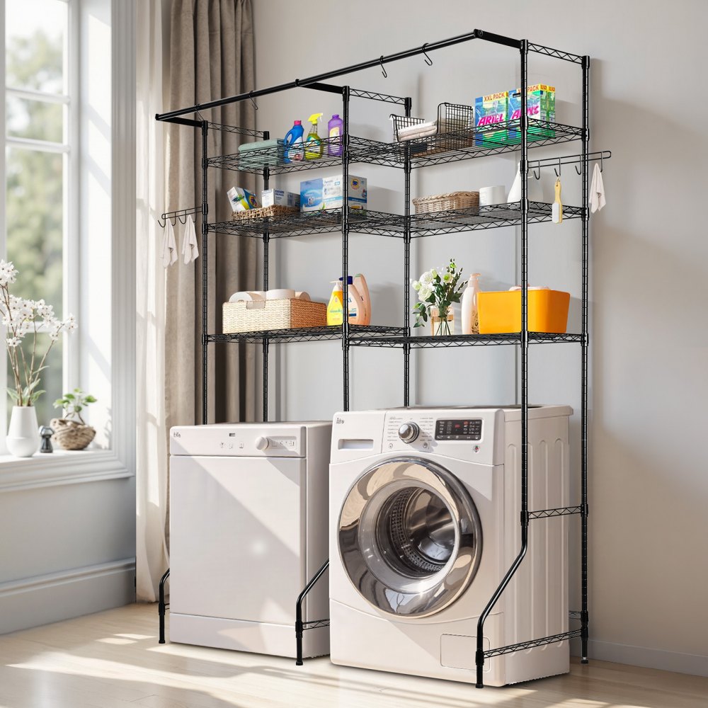 VEVOR Over Washer and Dryer Storage Shelves, 6 Tiers Laundry Room Drying Rack with Hanger Rod and Hooks, Two Rows
