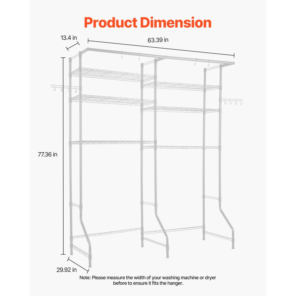 VEVOR Over Washer and Dryer Storage Shelves, 6 Tiers Laundry Room Drying Rack with Hanger Rod and Hooks, Two Rows