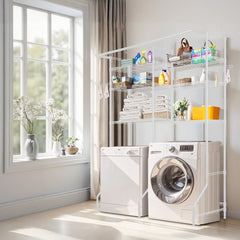 VEVOR Over Washer and Dryer Storage Shelves, 6 Tiers Laundry Room Drying Rack with Hanger Rod and Hooks, Two Rows