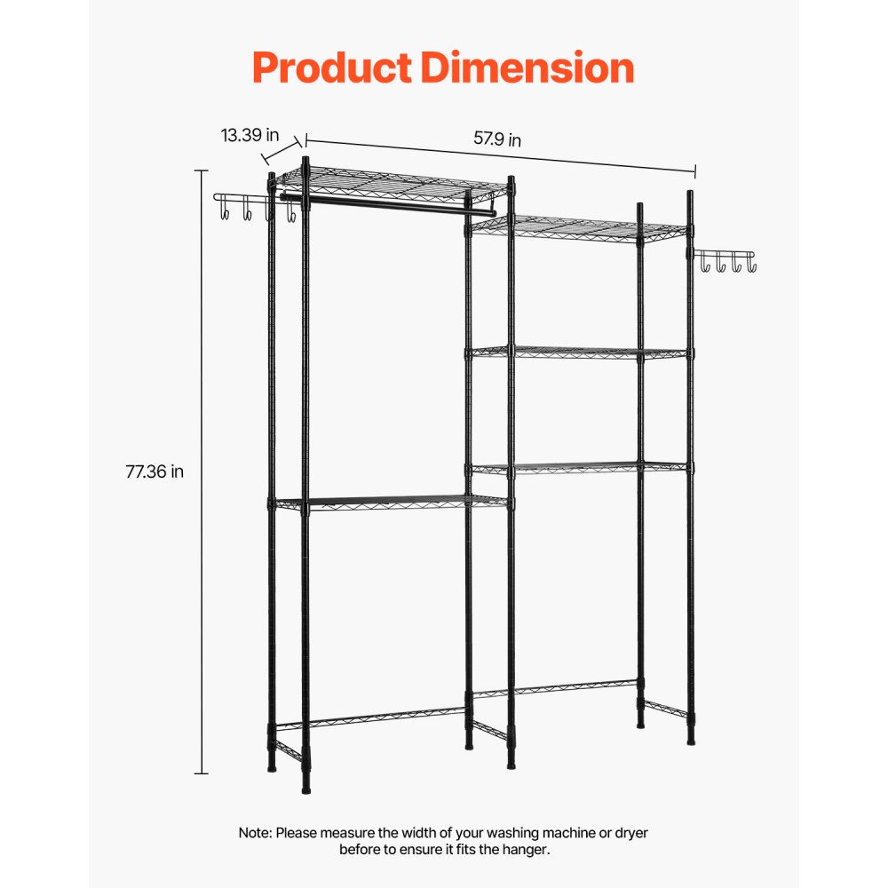 VEVOR Over Washer and Dryer Storage Shelves, 5 Tiers Laundry Room Drying Rack with Hanger Rod and Hooks, Two Rows