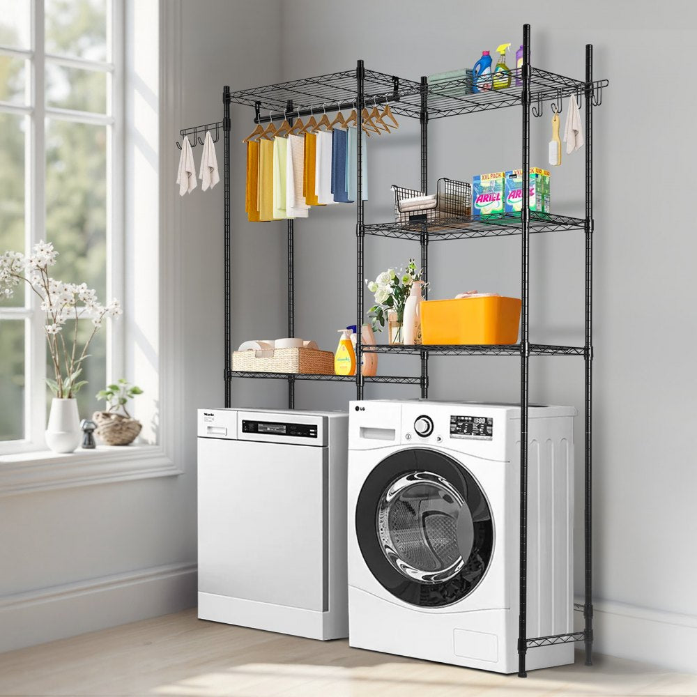 VEVOR Over Washer and Dryer Storage Shelves, 5 Tiers Laundry Room Drying Rack with Hanger Rod and Hooks, Two Rows
