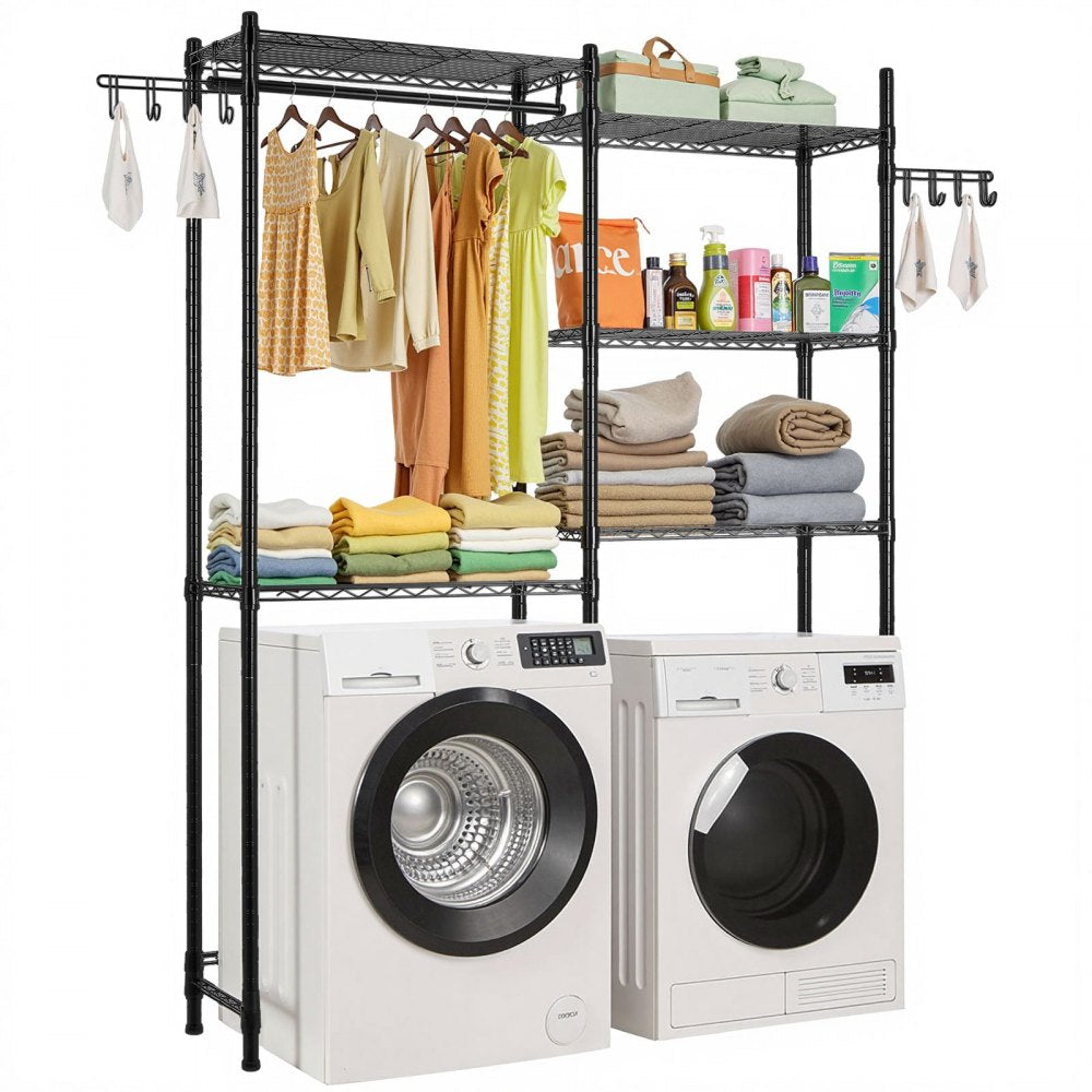 VEVOR Over Washer and Dryer Storage Shelves, 5 Tiers Laundry Room Drying Rack with Hanger Rod and Hooks, Two Rows