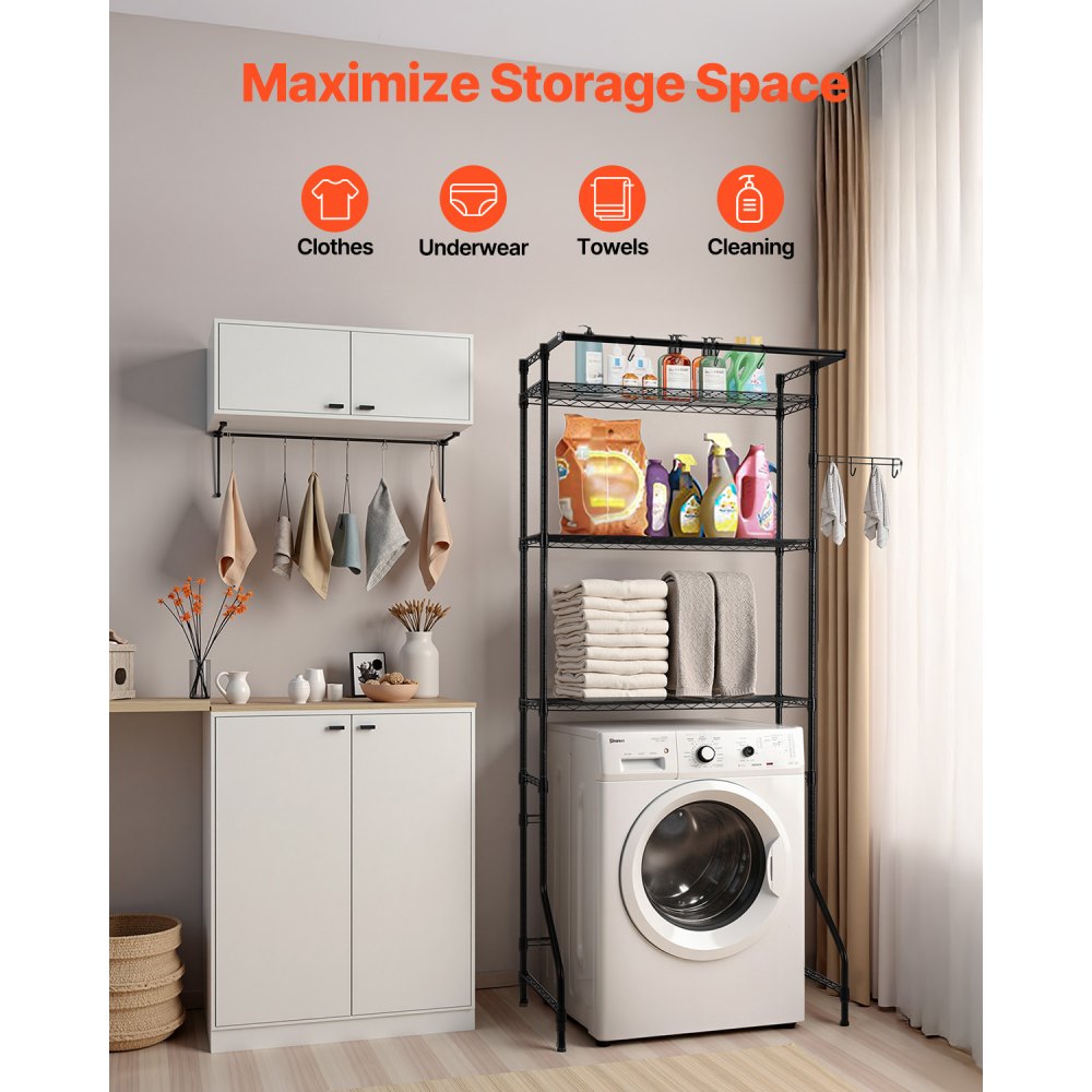 VEVOR Over Washer and Dryer Storage Shelf, 3 Tiers Laundry Room Drying Rack with Hanger Rod and Hooks, Single Row