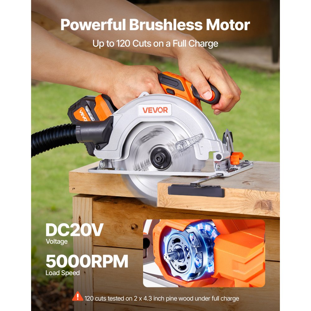 VEVOR Cordless Circular Saw, 7-1/4 inch Blade, 5000 RPM Speed, 0-45 Degree Bevel Capability, Brushless Motor, LED