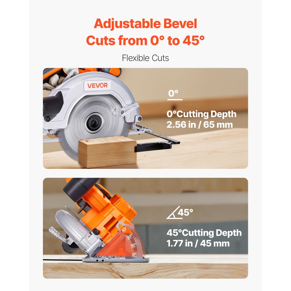 VEVOR Cordless Circular Saw, 7-1/4 inch Blade, 5000 RPM Speed, 0-45 Degree Bevel Capability, Brushless Motor, LED